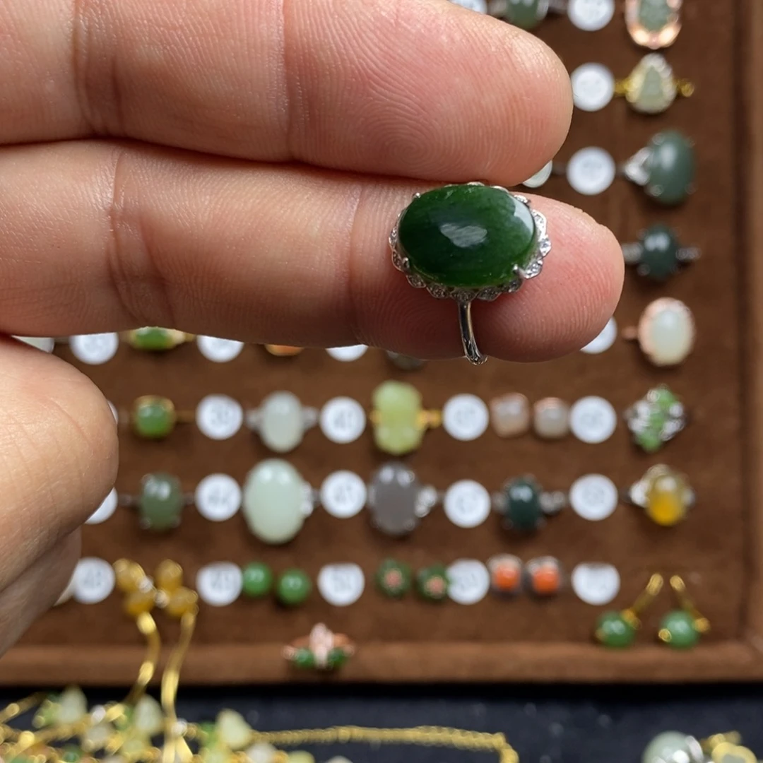 和田玉（碧玉）戒指银S925镀金镶嵌