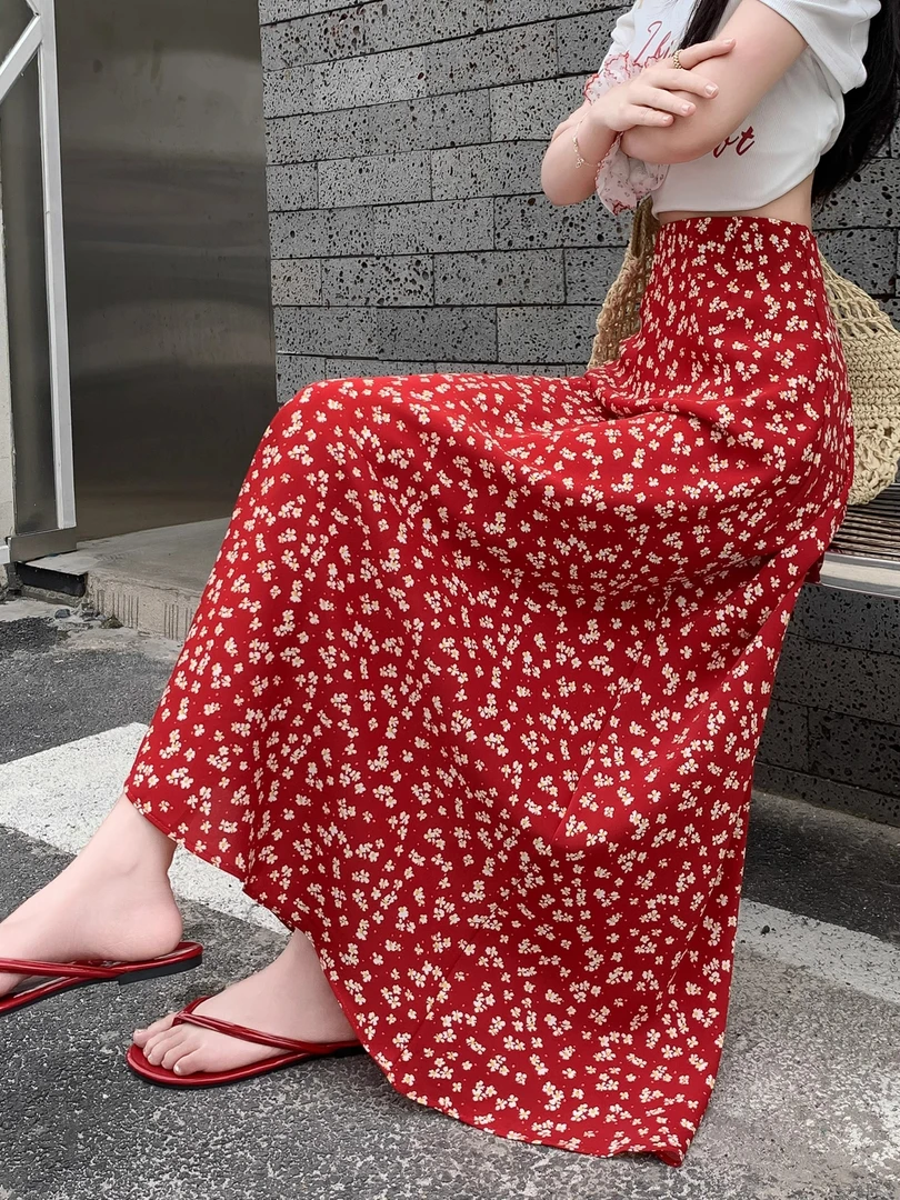 碎花小清新海边度假风薄款半身裙女A字长裙高腰显瘦松紧腰裙子