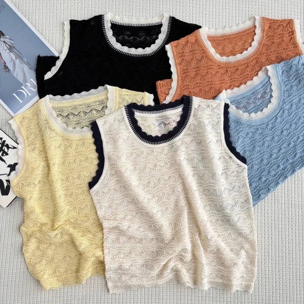 ［春春定制］新款韩版百搭修身显瘦时尚拼色边钩花镂空针织无袖6548