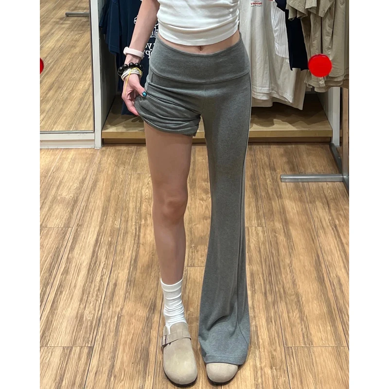 灰色美式翻腰微喇裤女夏2025新款低腰显瘦辣妹垂感运动瑜伽喇叭裤