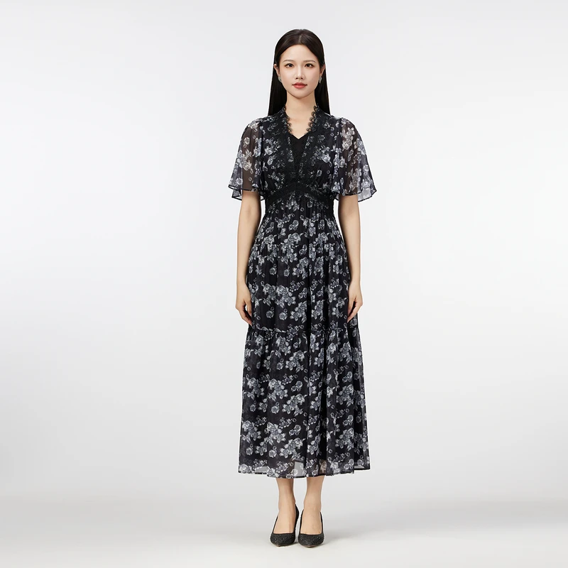 SUSSI古色丨“墨羽缱绻”法式V领荷叶短袖印花收腰褶摆连衣裙