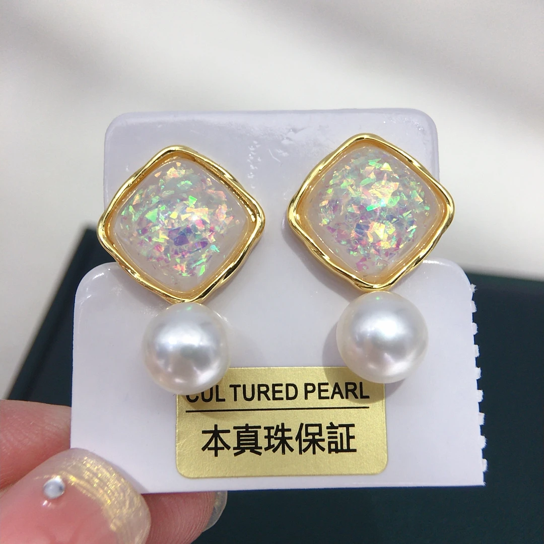 新款复古方糖小众个性款天然淡水珍珠耳钉女高级感珍珠耳饰