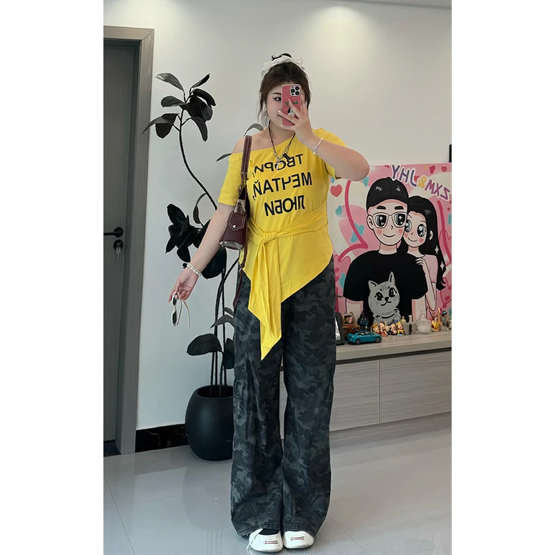 大码胖mm纯欲设计感绑带一字领短袖t恤夏季收腰显瘦露肩上衣1819#