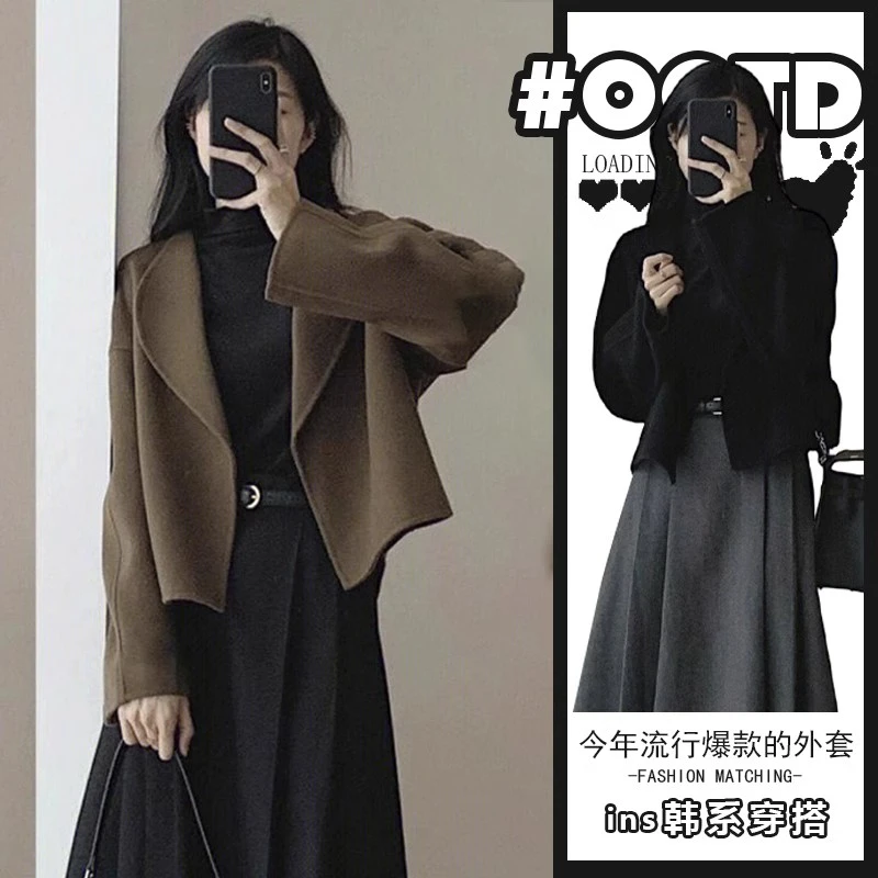 大码女装秋冬新款宽松显瘦加厚呢子外套气质胖mm半身裙时尚两件套