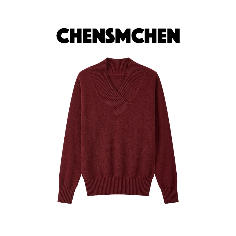 CHENSMCHEN100绵羊毛简约纯色针织衫女气质显瘦百搭上衣CSZ8910JX