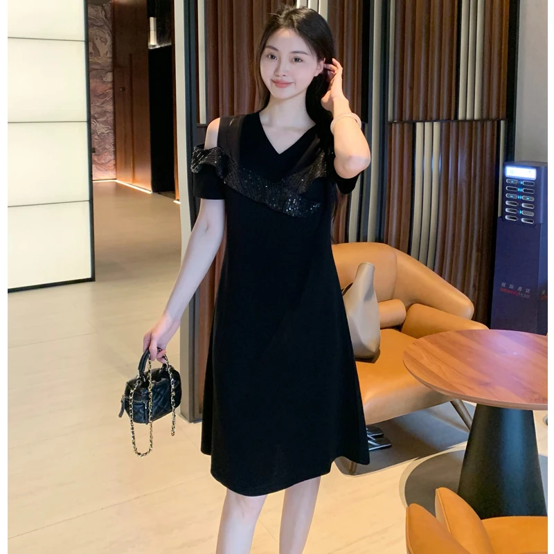 2025夏季新款法式时尚荷叶边亮片露肩气质显瘦连衣裙896