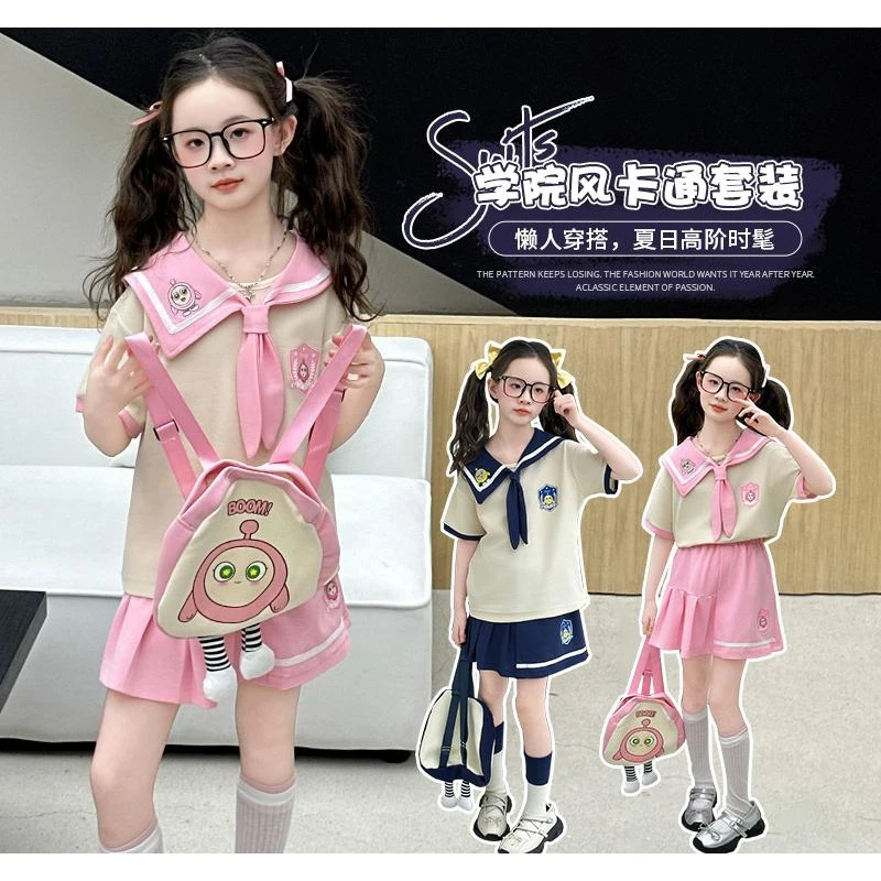 2025新款夏季学院风卡通女童甜美可爱短袖裙子两件套开学季百搭款