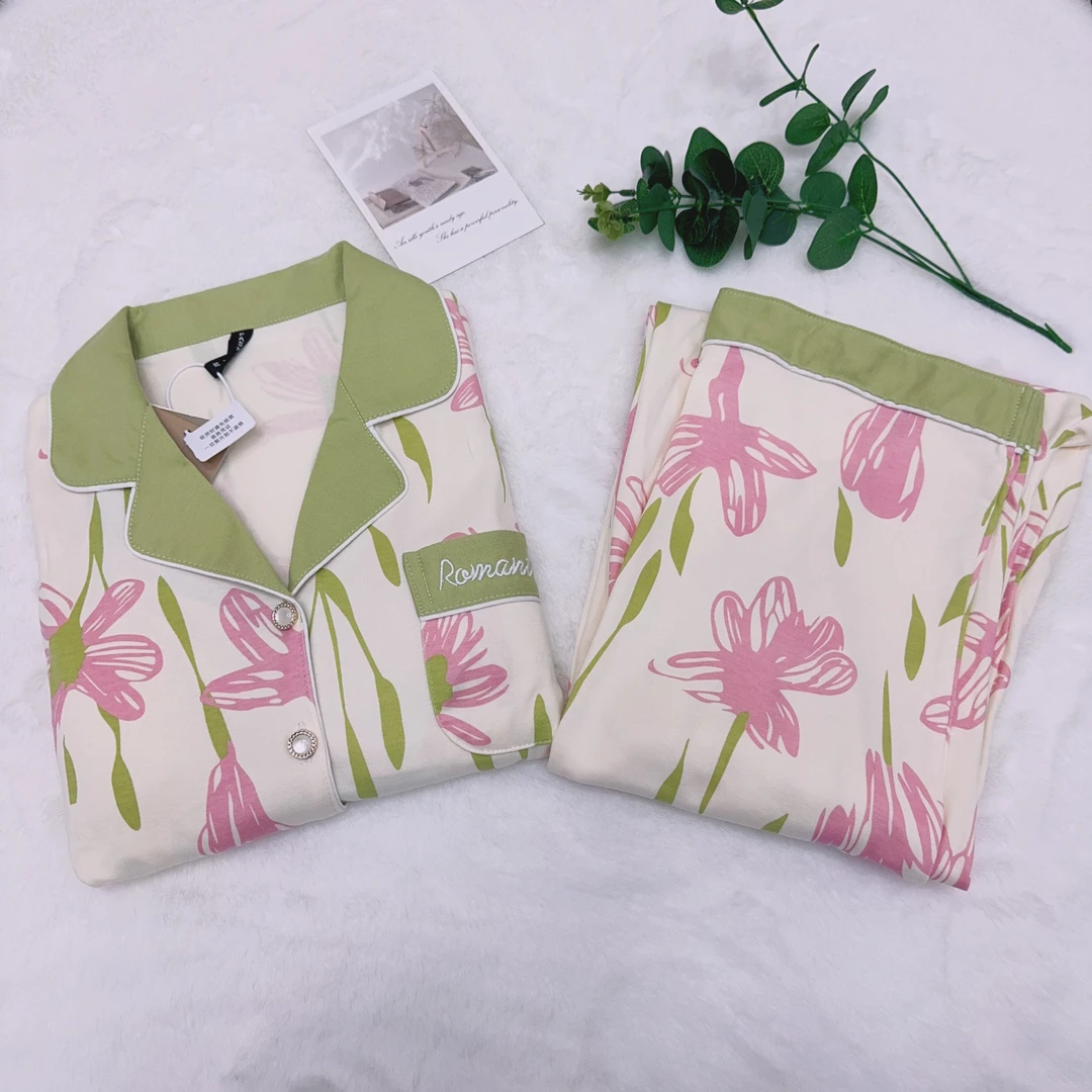 020#秋冬双面加厚100%纯棉气质长袖开衫女士睡衣套装带胸垫家居服