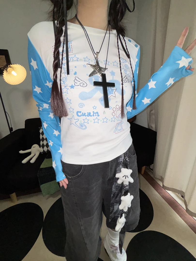 星际小猫｜拼接星星长袖正肩烫钻T恤Y2K轻亚宅萌上衣