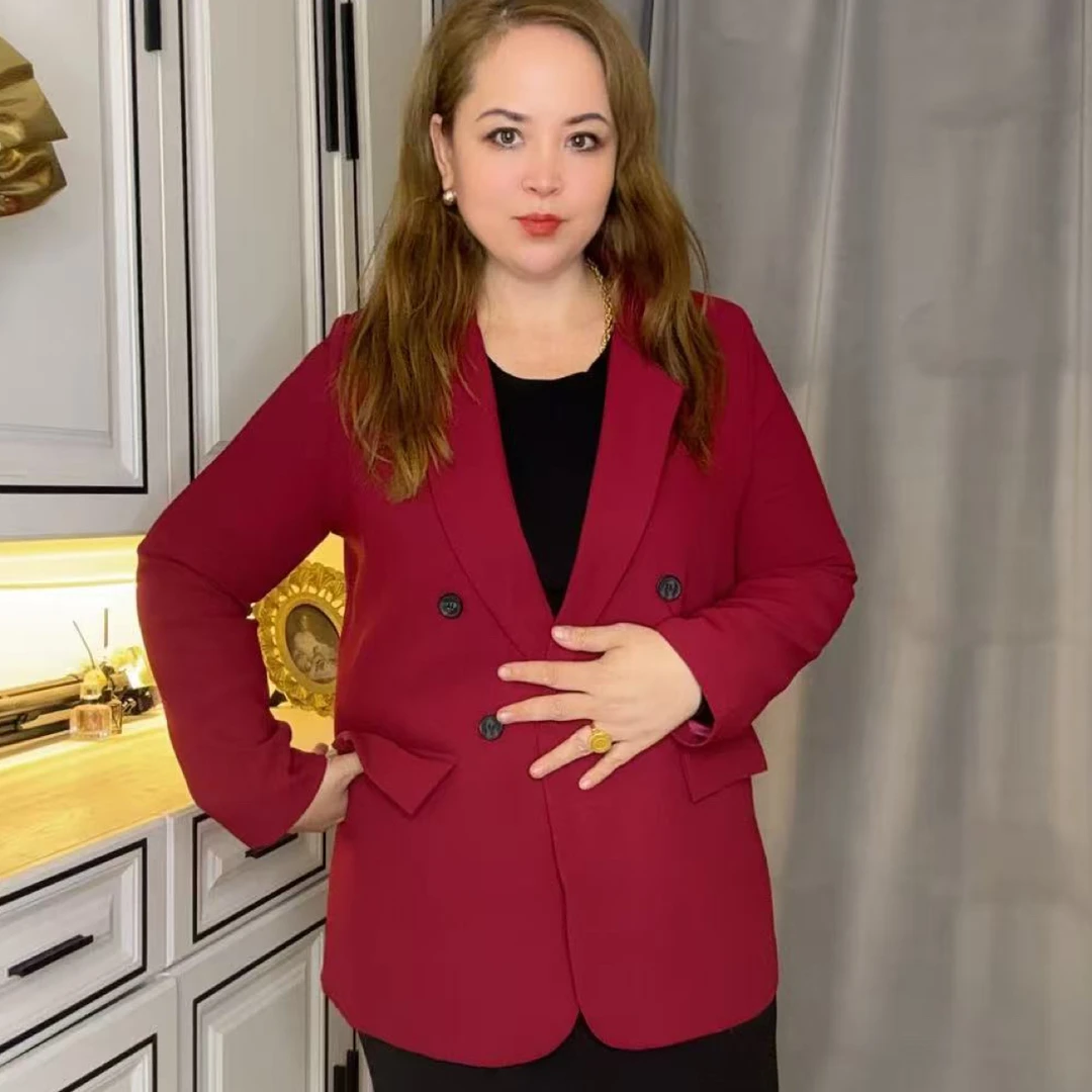 V领西服双排扣通勤修身小西装女春秋季短外套红色（ayrim qapan)