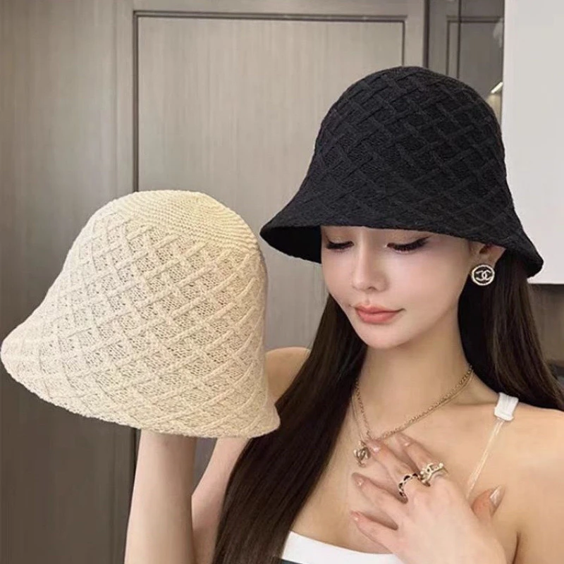 韩版薄款菱形针织渔夫帽子女春夏显脸休闲百搭出游遮阳防晒盆帽