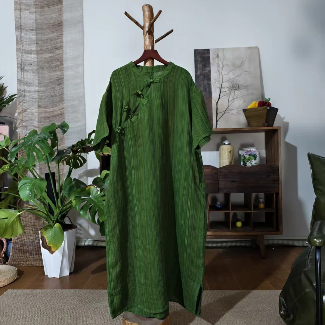 【大梅子推荐】设计款色织亚麻盘扣连衣裙X6388