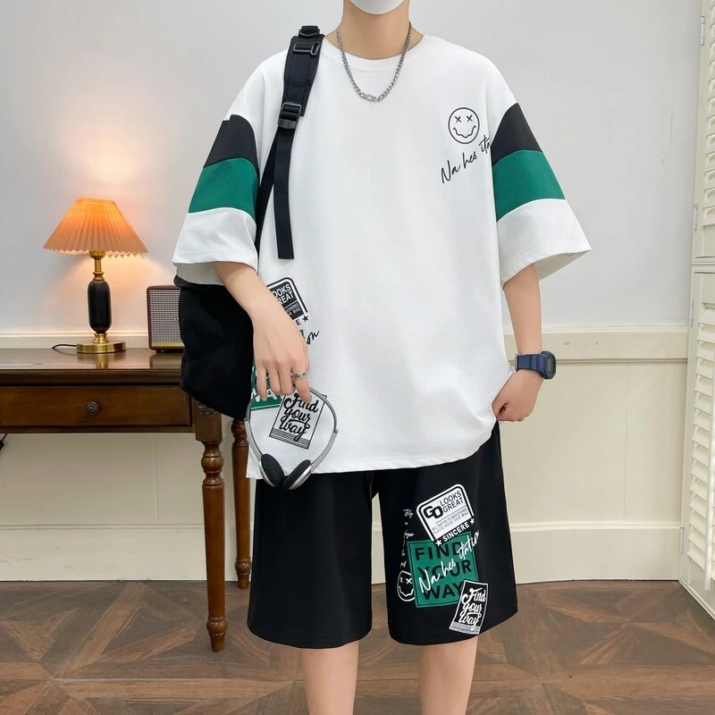 休闲运动套装男士短袖短裤潮流初中高中学生宽松透气凉感JC18