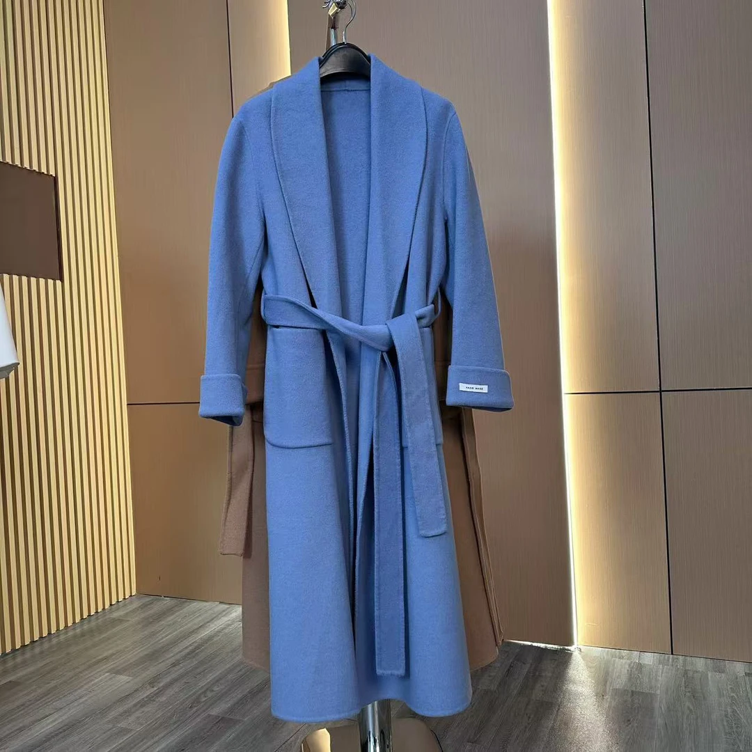 LIM秋冬款浴袍式毛呢大衣中长款马蹄袖系带羊毛大衣长款外套