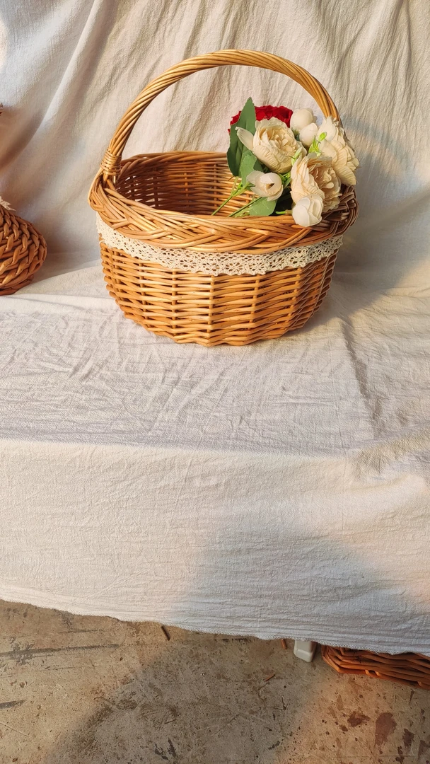 柳编手提野餐篮田园风蕾丝布艺收纳篮藤编储物篮