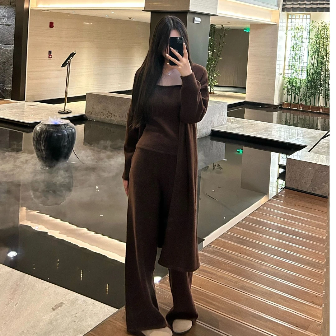 老钱风设计开衫+吊带+阔腿裤毛衣针织三件套秋季新款纯色高级显瘦