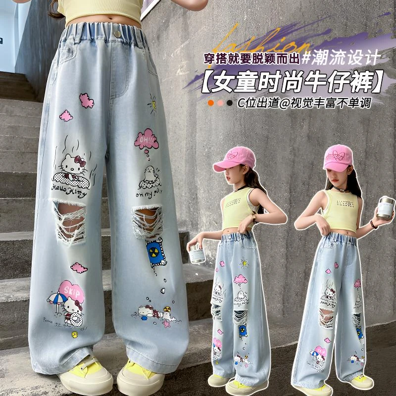 2025年夏季新款印花破洞牛仔裤童裤小女孩宽松牛仔长裤卡通阔腿裤