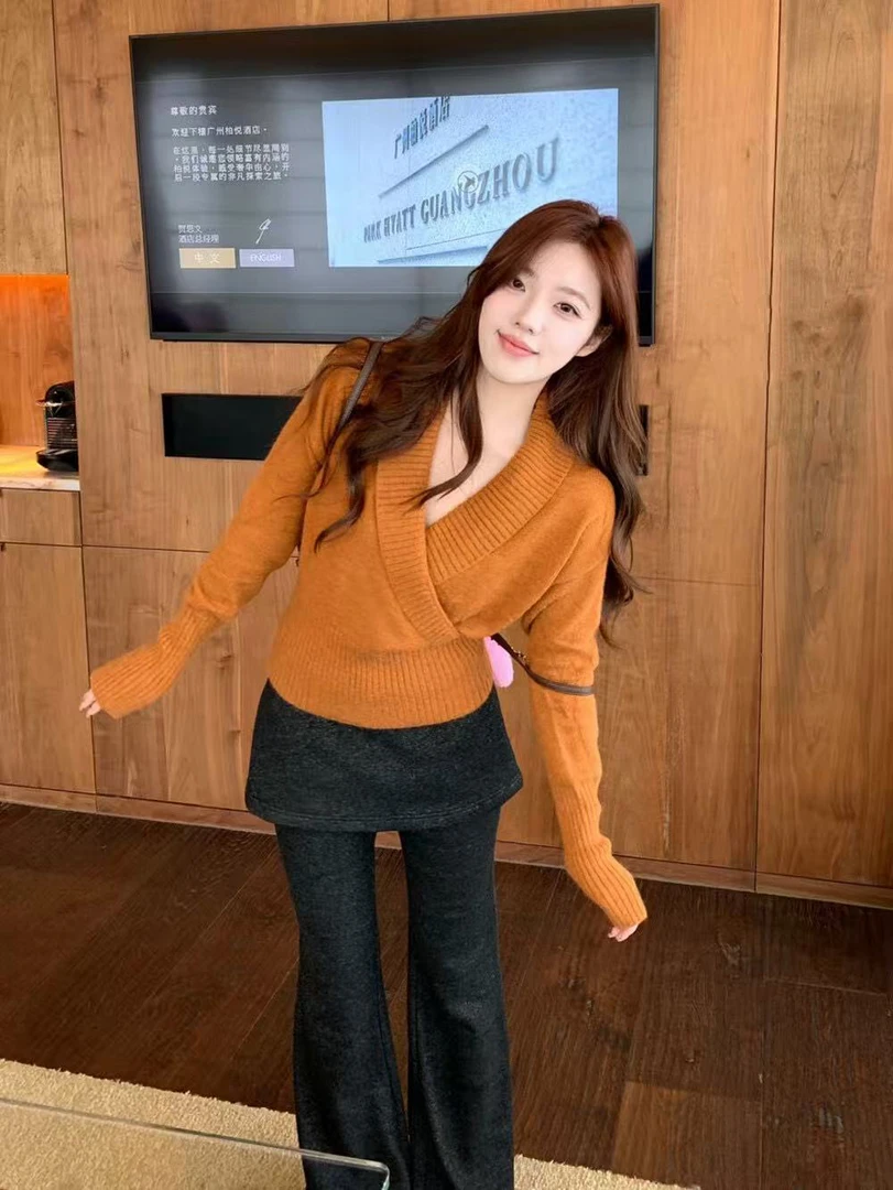 秋冬法式复古交叉V领百搭慵懒风收腰显瘦针织衫气质套头保暖毛衣