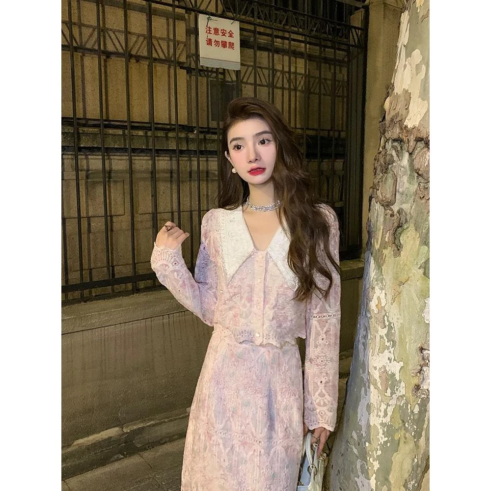 5250春秋新款女装粉色长袖时尚气质洋气减龄漂亮套装裙两件套