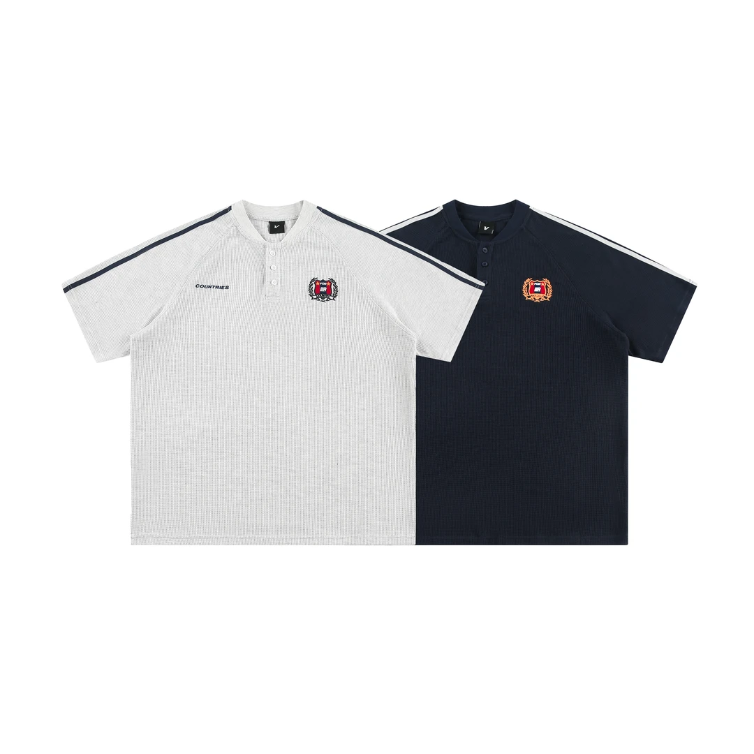 复古学院风拼接条纹华夫格短袖polo衫男夏季宽松半袖t恤-1131