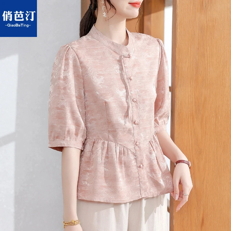 新中式妈妈装气质雪纺小衫夏装新款夏季气质衬衫中老年时尚套装女