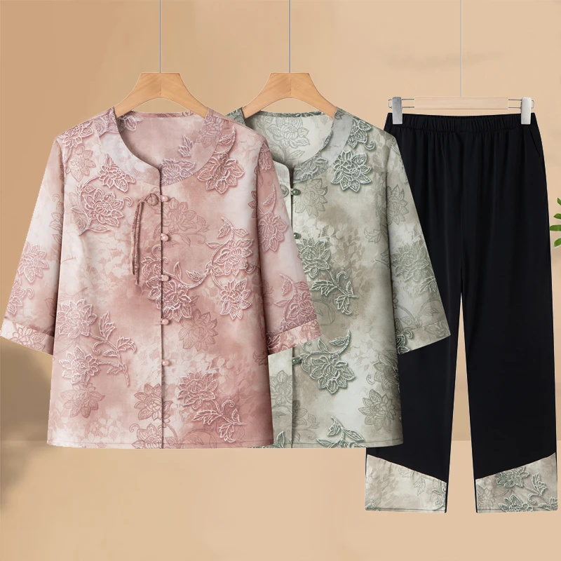 奶奶夏装七分袖套装中老年人衬衫女气质妈妈装夏季开衫老人衣服