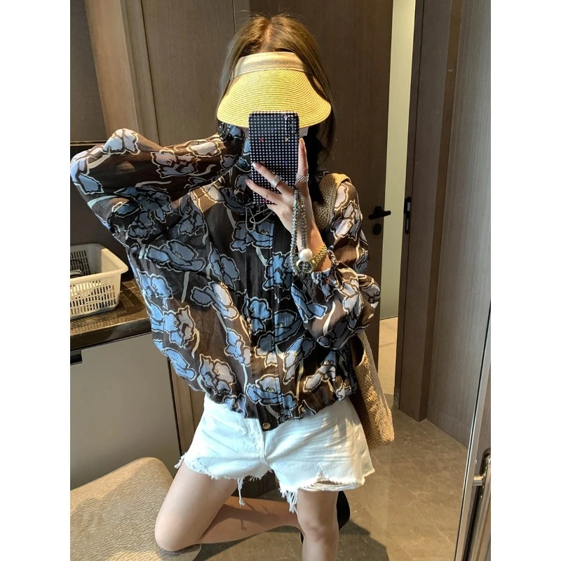 碎花抽绳夏日摩且感天丝0568立领宽松百搭防晒外套薄度假风苎麻