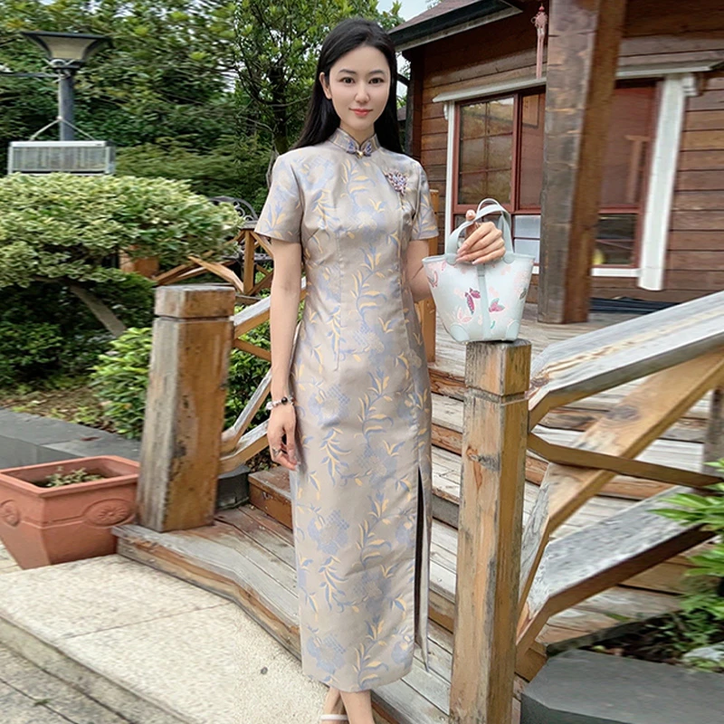 浒城古娘中式国风夏新款后妈裙修身大气长裙旗袍连衣裙WH0500302