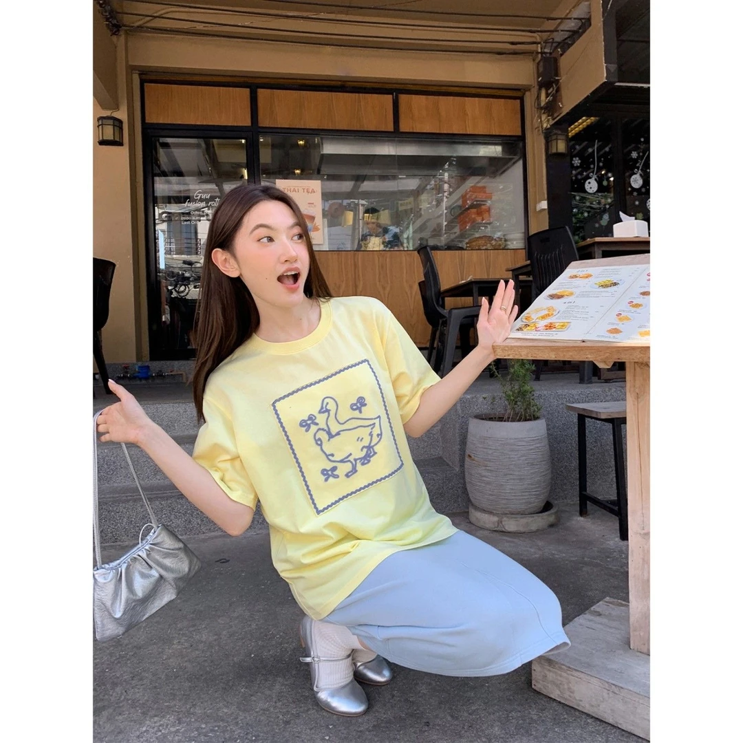 【可爱小鸭】印花圆领T恤女宽松夏季时尚漫画感休闲百搭显瘦短袖