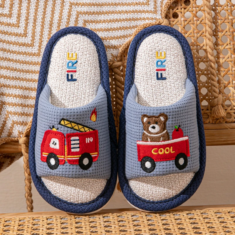 儿童亚麻拖鞋春秋季男童女童居家防滑卡通小汽车男孩宝宝拖鞋夏天
