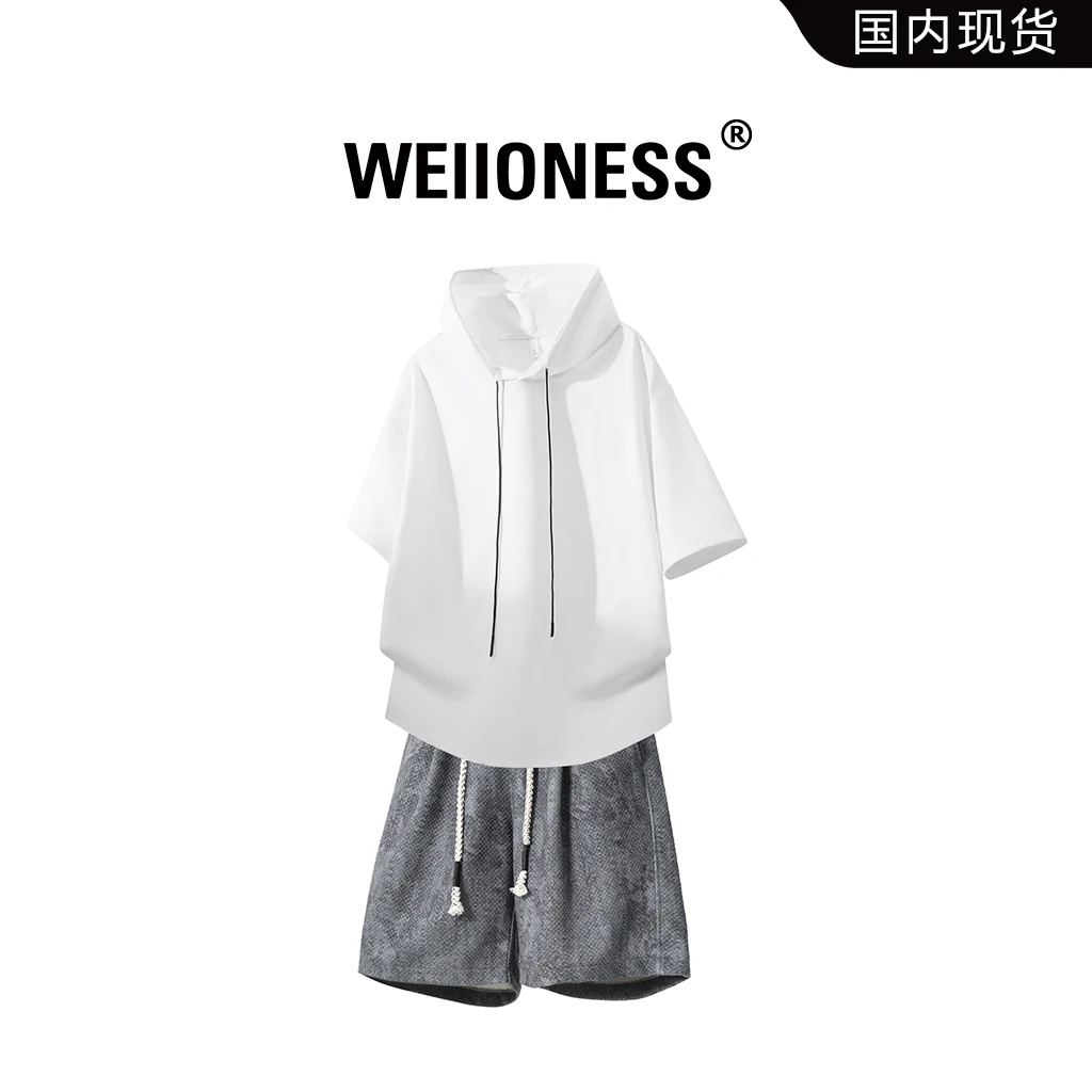 WEIIONESS潮牌连帽短袖套装男2025夏季凉感宽松两件套慵懒风男装