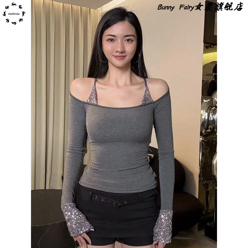 重工亮片拼接一字领长袖t恤女2025春季新款性感辣妹修身露肩上衣