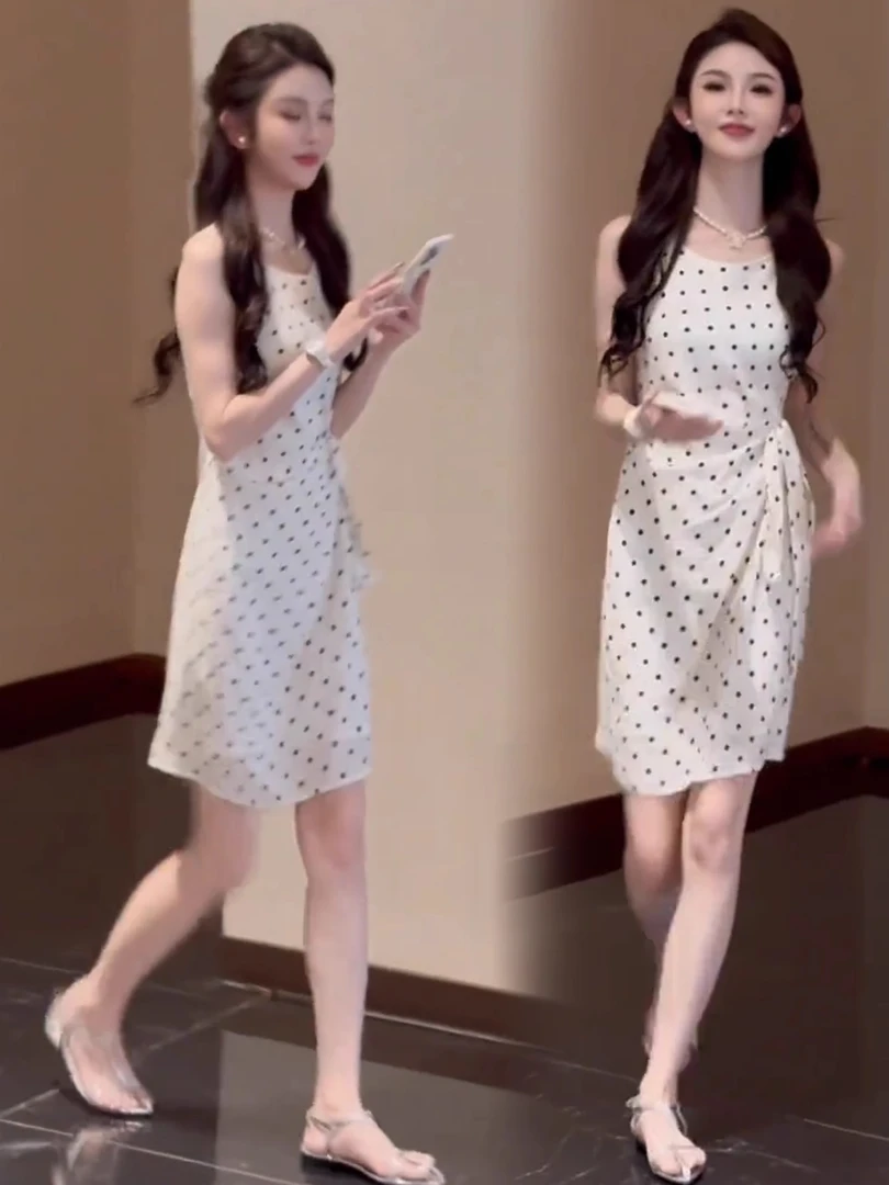 时尚连衣裙女2025夏季新款洋气收腰显瘦减龄设计感绑带波点中长裙