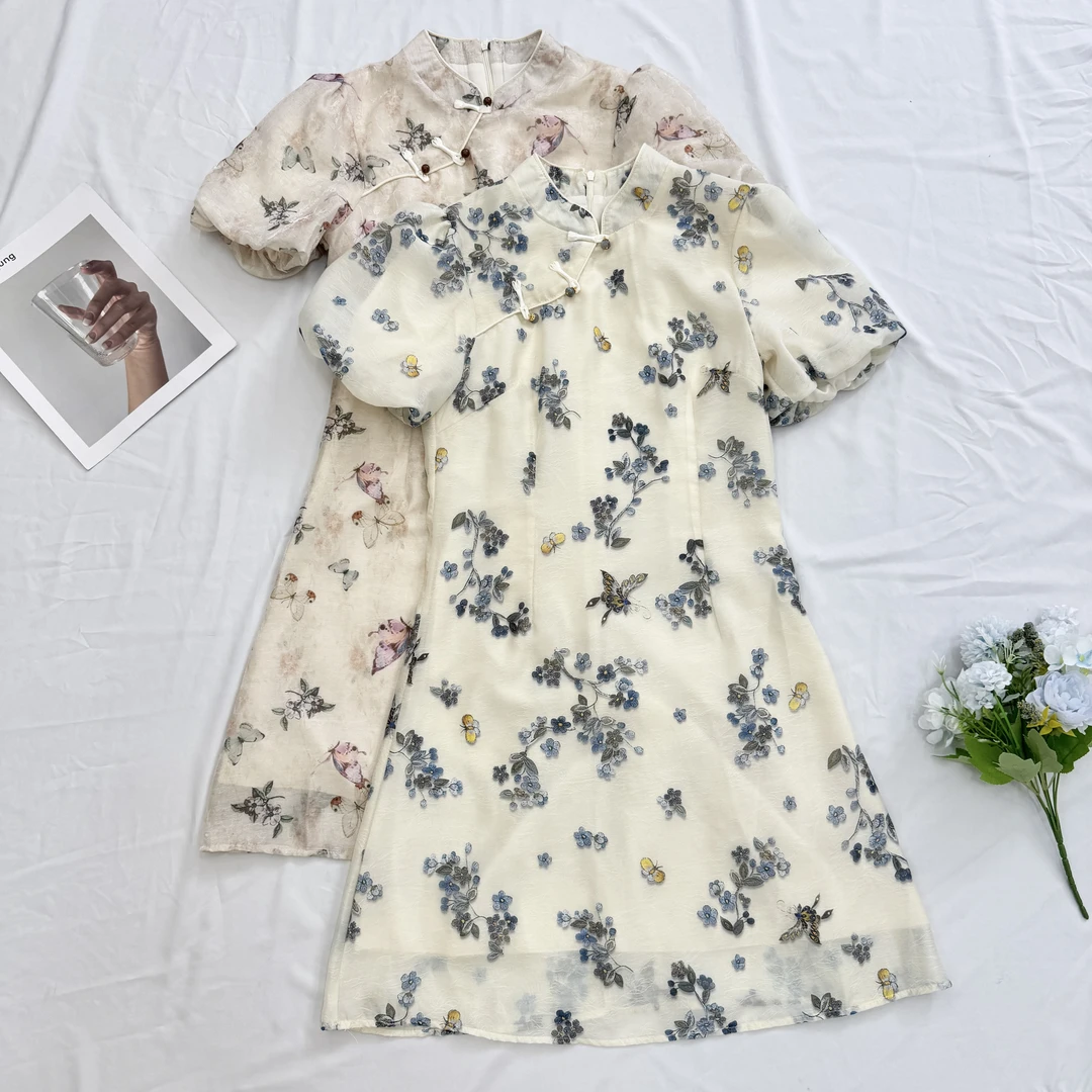 【叶子服饰】夏季新款气质百搭蝴蝶刺绣旗袍9107