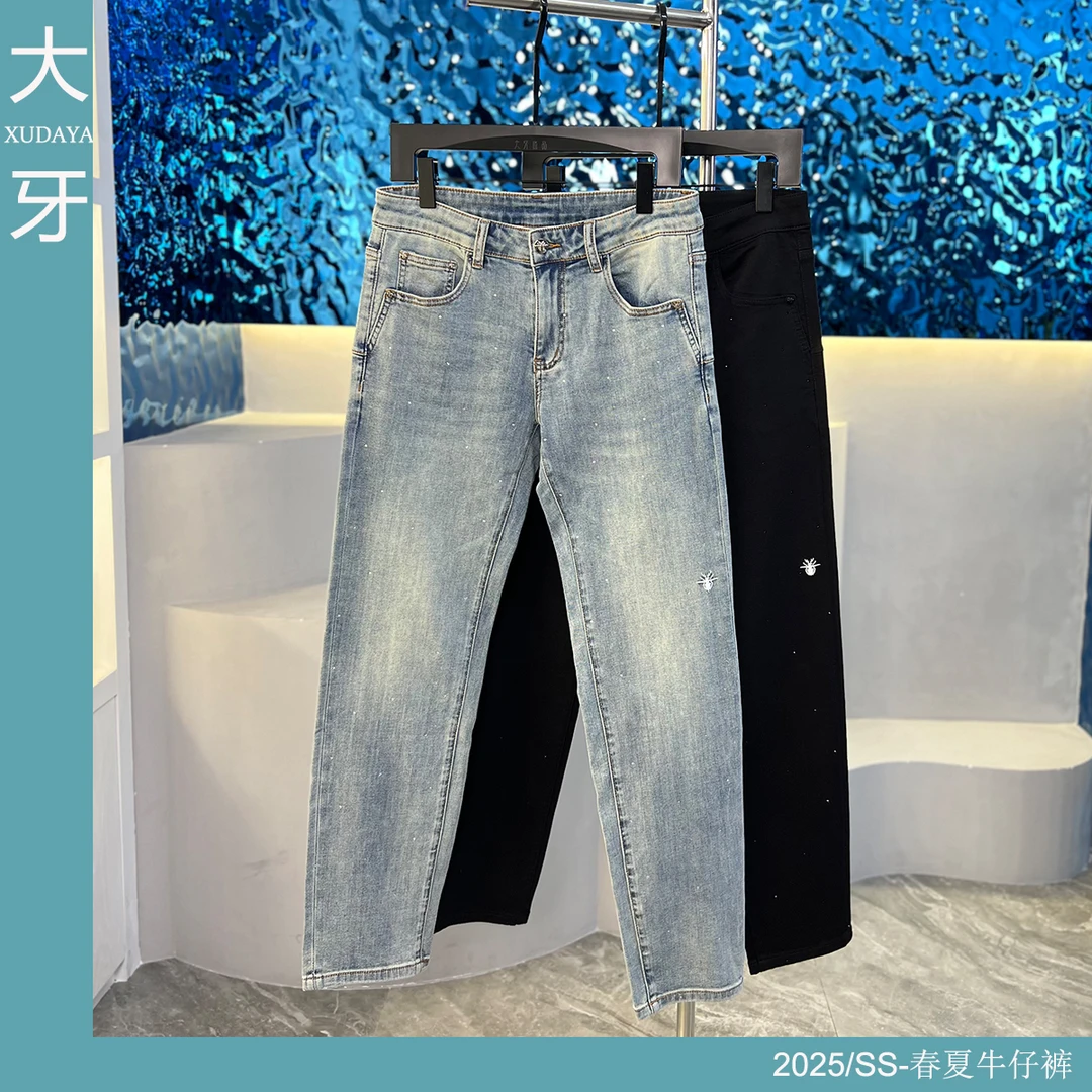 【大牙】501#双色调2025春夏季烫钻工艺时尚男士修身小直筒牛仔裤