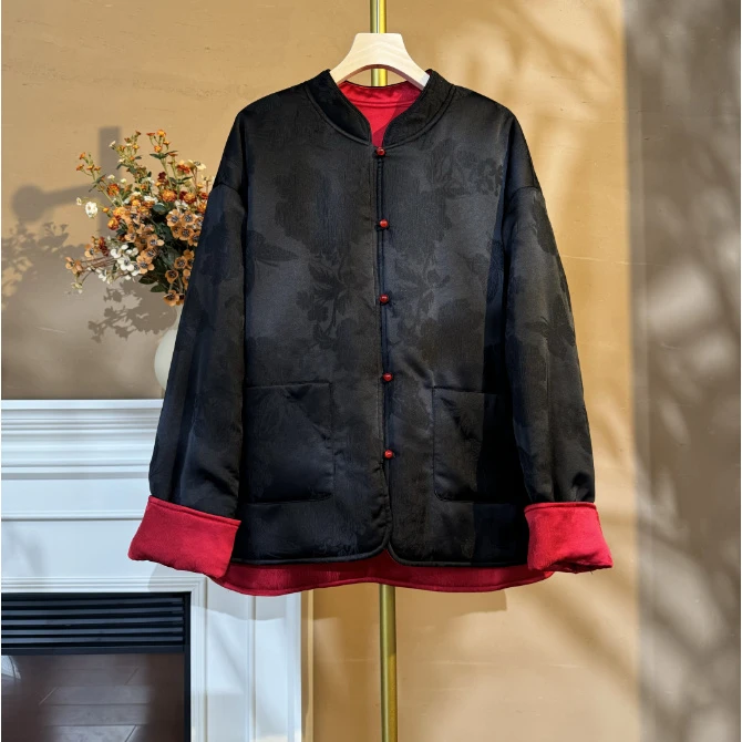 [染心]A920秋季新中式宽松双面穿丝缎棉提花外套女国风复古女装