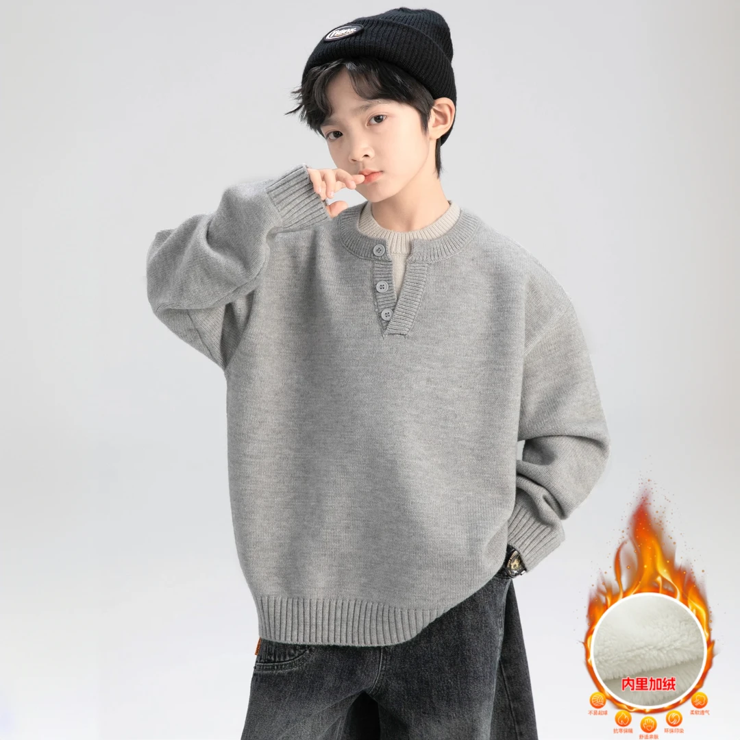 镇版男童假两件毛衣加绒加厚新款中大童儿童圆领洋气套头保暖上衣