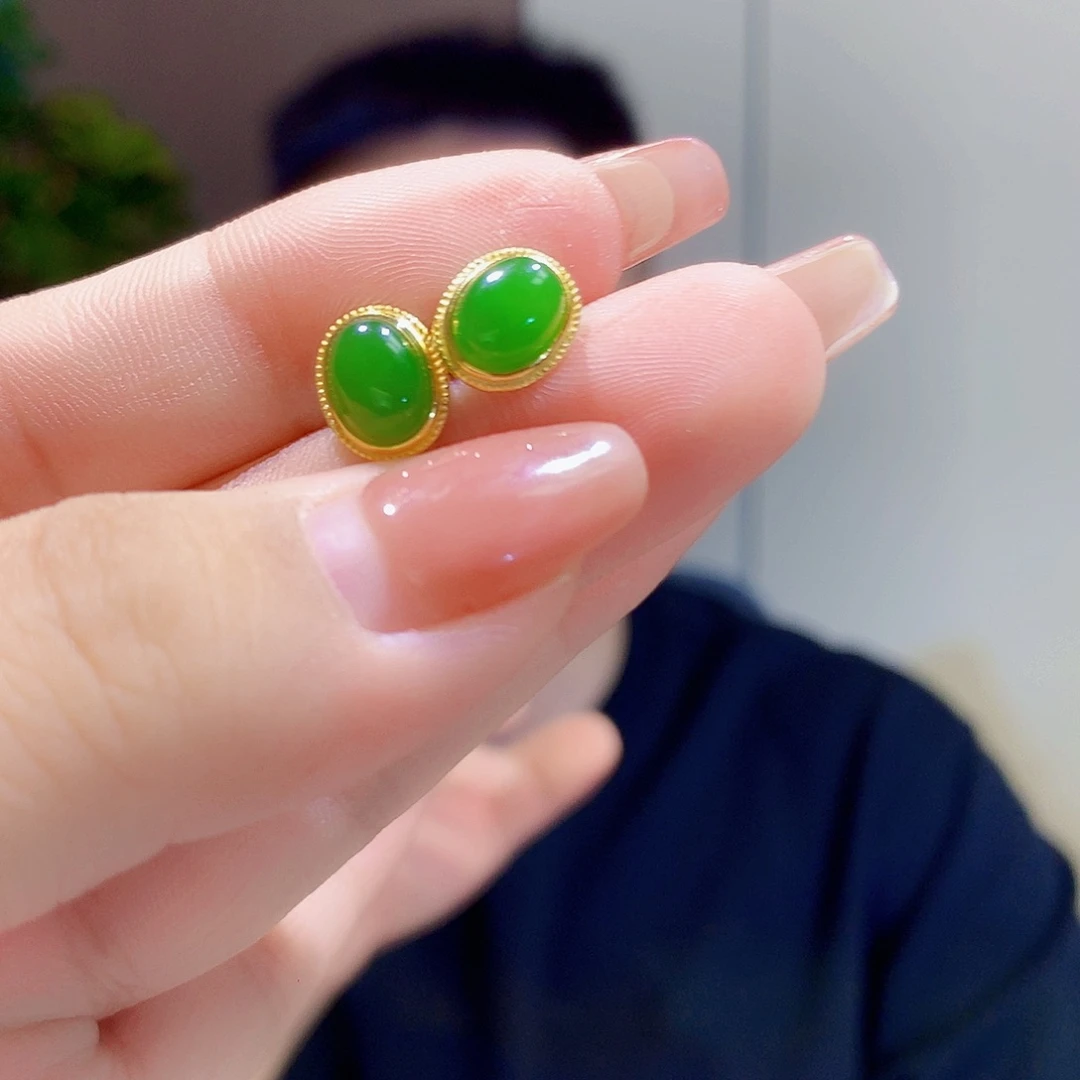 和田玉（碧玉）银S925镀金镶嵌耳饰