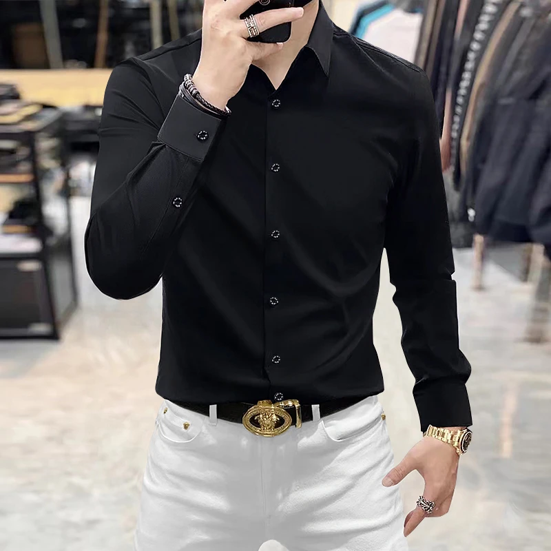 高档免烫抗皱休闲衬衫男士长袖修身显瘦商务正装纯色无痕高端衬衣