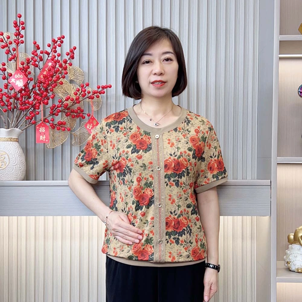 夏季新款百搭印花减龄烫钻宽松显瘦气质圆领中老年妈妈装短袖t恤
