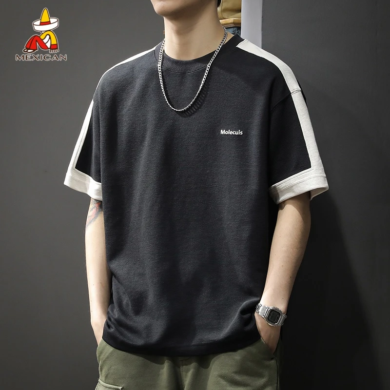 Mexican/稻草人夏季男士休闲T恤短袖美式宽松250g重磅撞色体恤潮t