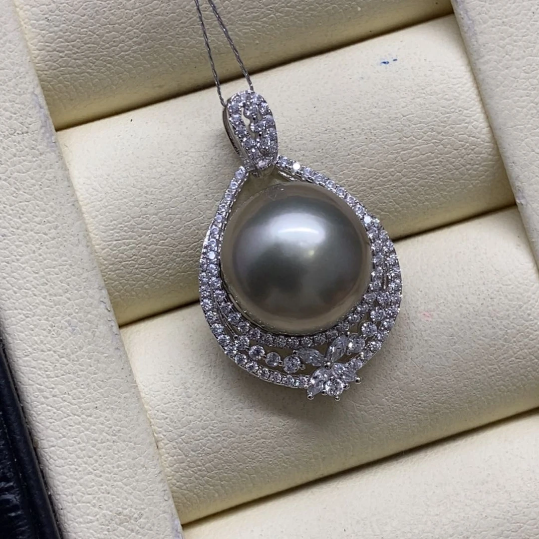 银S925镶嵌颈饰海水珍珠牛油果绿吊坠14-15m m