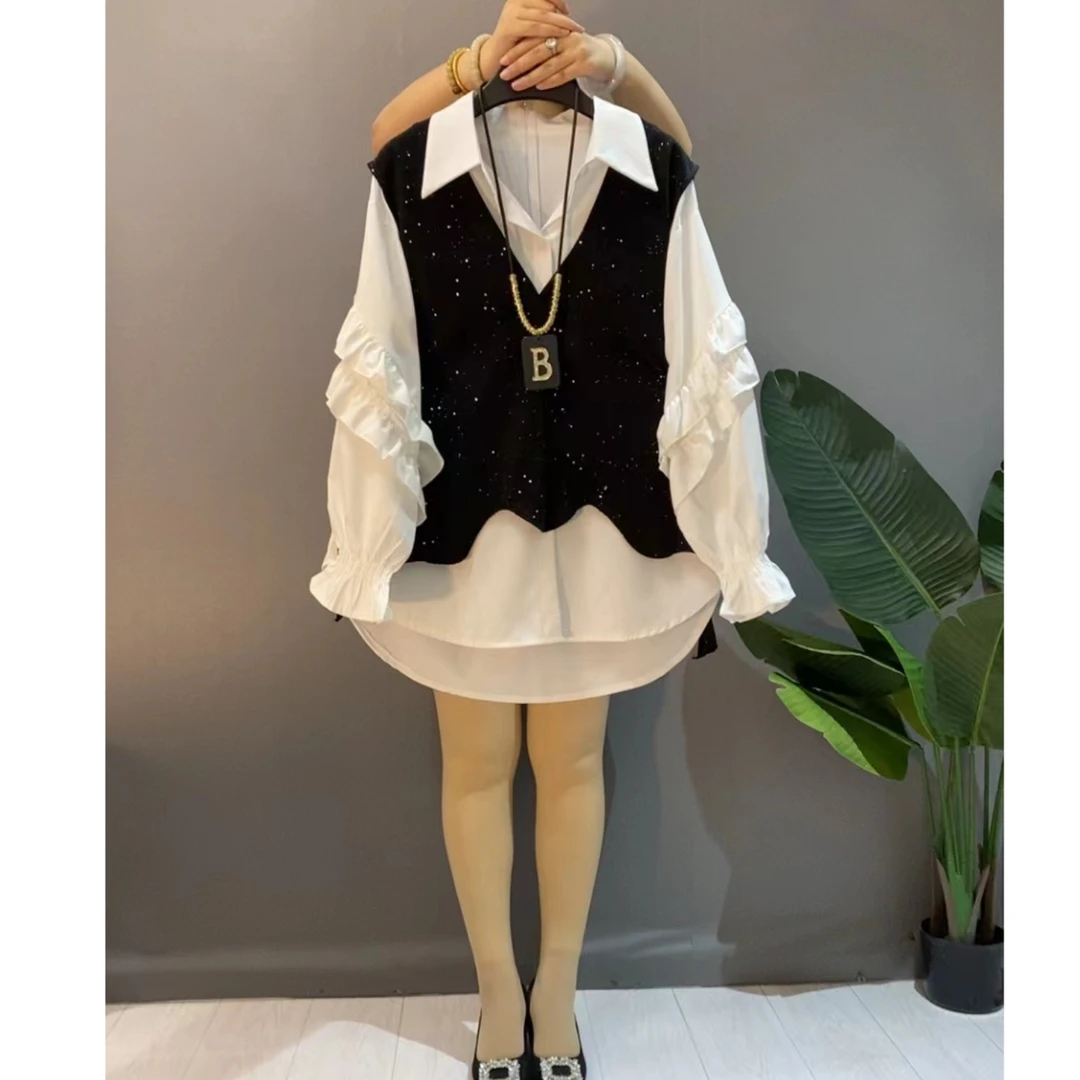 胖妹妹新款大码女装星星马甲灯笼袖衬衫时尚遮肉气质休闲套装女