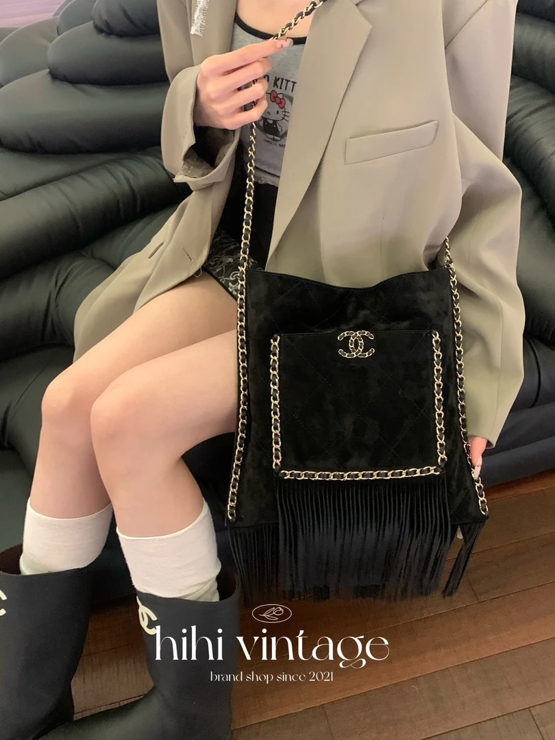 99新 Chanel/香奈儿 黑金拼皮外缝线滚边皮穿链流苏托特包  二店