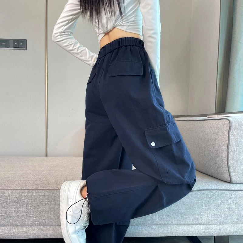 藏青工装裤女春秋2025年新款小个子直筒宽松高腰阔腿伞兵加绒裤子