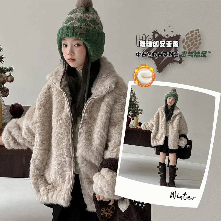 韩国童装2025秋冬季新款女童毛毛衣外套儿童加厚皮毛一体加绒棉服