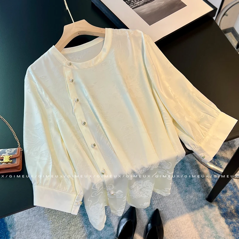 新中式国风提花斜襟衬衫女2025夏季新款高级感气质宽松显瘦上衣潮