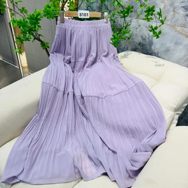 8101#YF夏季高腰垂感紫色压褶A字蛋糕大摆半身裙温柔气质