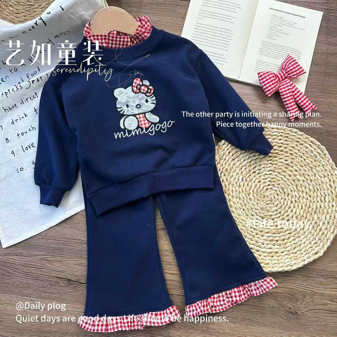番茄家*【穿出调性】秋季上新凯蒂猫卫衣+微喇格子花边裤套装D-H117