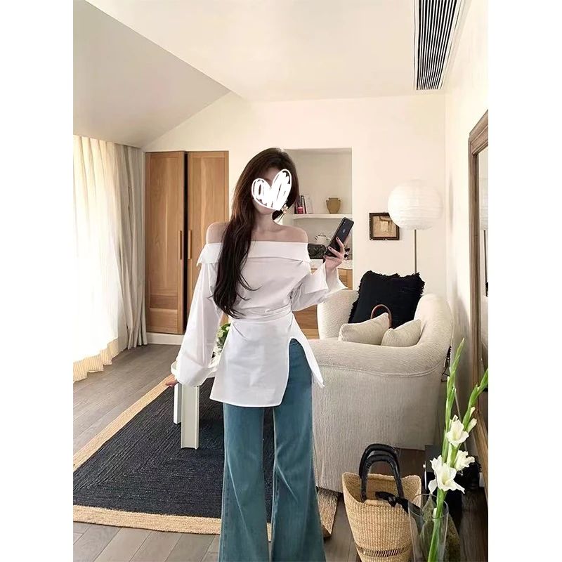 法式高级设计感一字肩长袖衬衫女春秋收腰开叉中长款气质露肩上衣